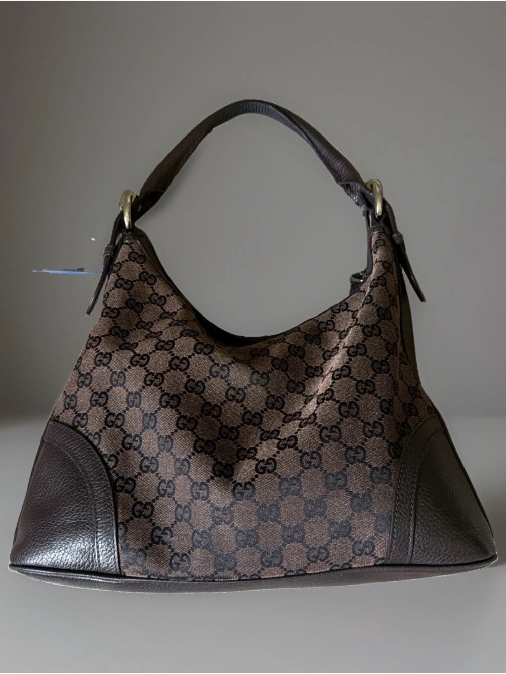 Gucci Brown GG Monogram Shoulder Bag with Dark Brown Trim